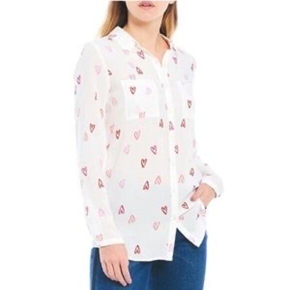 Joules White + Pink Heart Print Elvina Button Down Woven Love Valentines Blouse - Picture 1 of 10